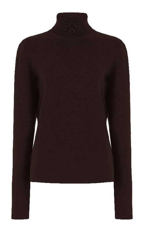Women's Knit Sweater with Cozy Texture -May Knit Turtleneck in Chocolate Merino Wool Cashmere