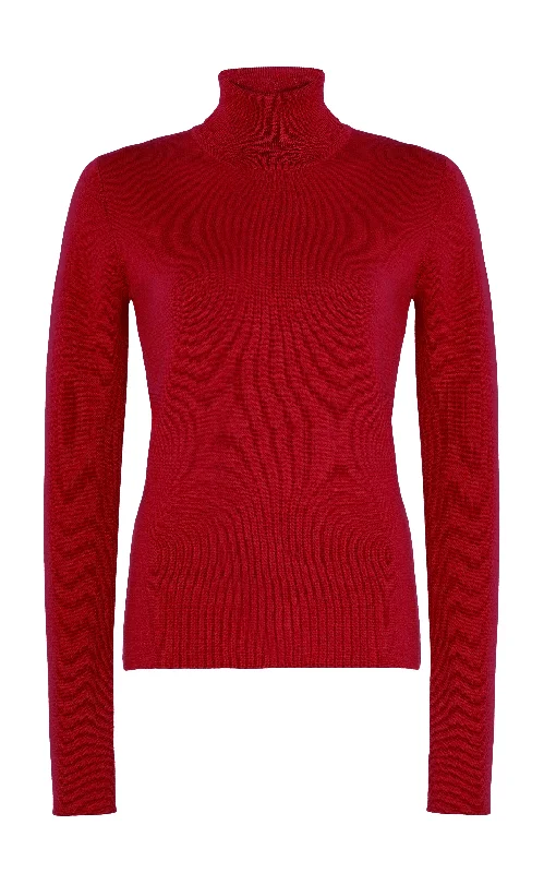 Knit Tops with Pockets and Buttons-May Knit Turtleneck in Scarlet Red Merino Wool Cashmere