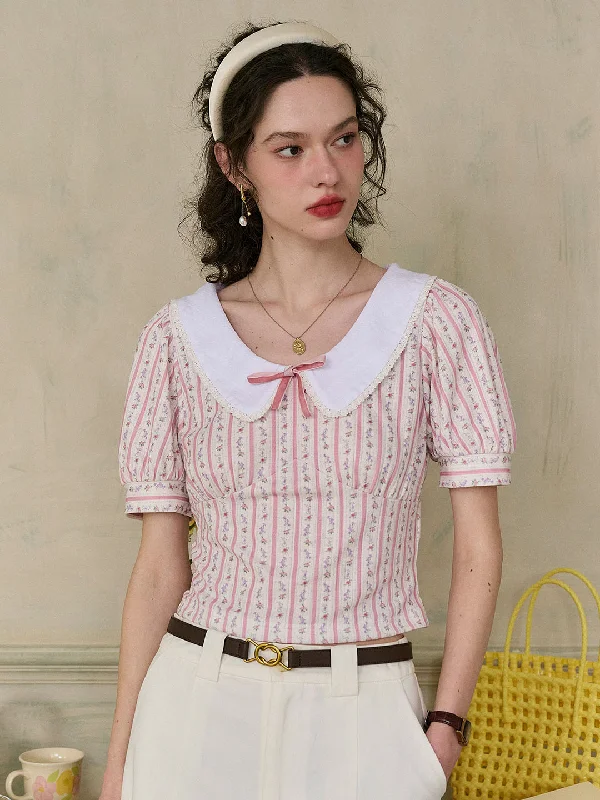 Women's Boho Tops -Meredith Lace Peter Pan Collar Bow Contrast Rose Floral Print Striped Knit Blouse