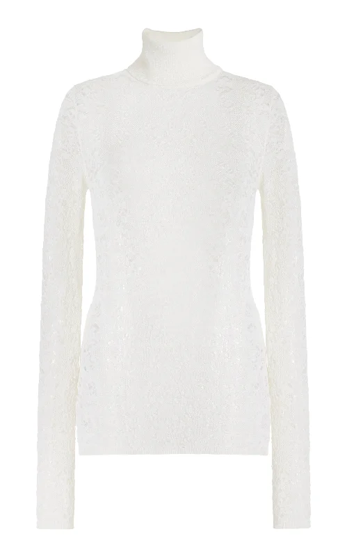 Knit Tops with Patterns-Meret Pointelle Knit Turtleneck in Ivory Merino Wool