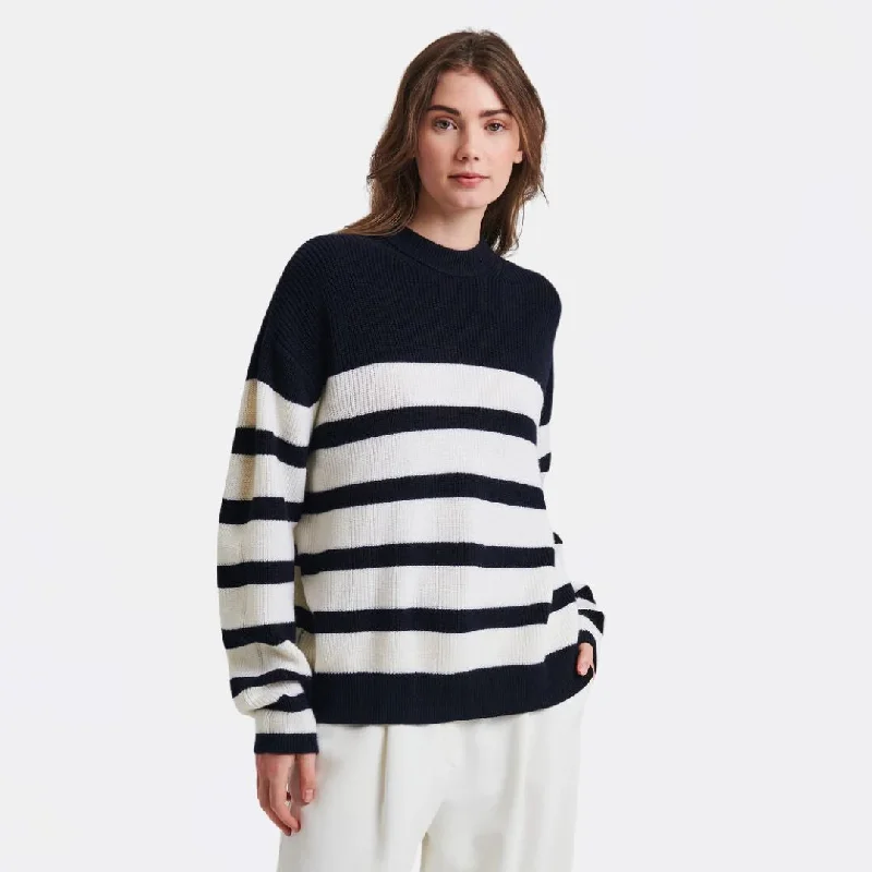 Knit Tops with Button Back-Merino Striped Crewneck (Dark Navy)