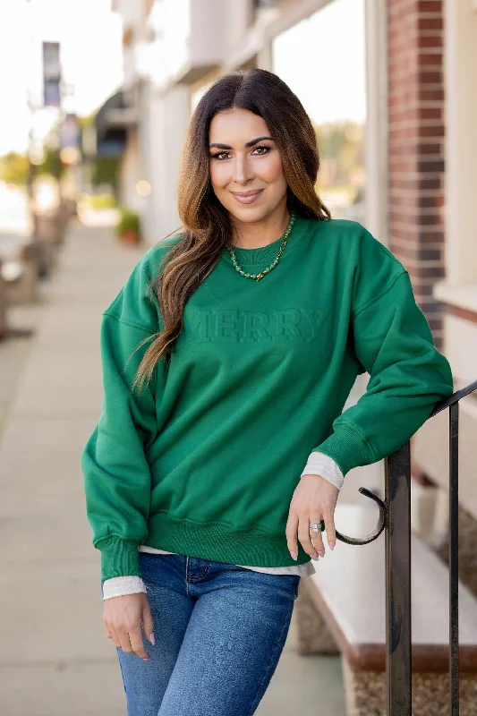 Women's Sweatshirts with Zippered Pockets -Merry Embossed Crewneck