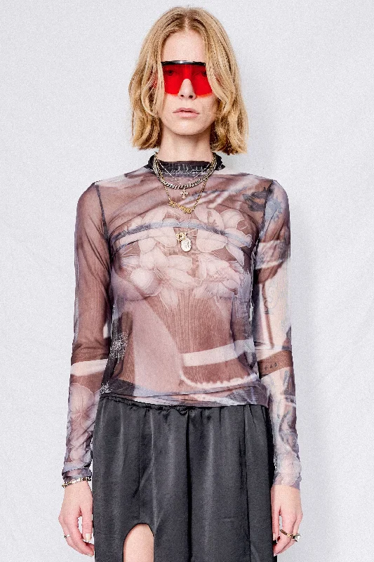 Women's Simple V-neck Long Sleeve T-shirt for Everyday Wear -Mesh Phantom Flower Long Sleeve Tee