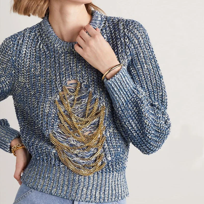 Women's Pullovers Sweater with Sweater Coat Look-Metallic Chain Embellished Ripped Dusty Blue Marled Knit Pullover Sweater Women's Pullovers Sweater with Sweater Coat Look-Metallic Chain Embellished Ripped Dusty Blue Marled Knit Pullover Sweater