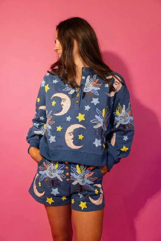 Women's Sweatshirts for Comfy Travel -Midnight Blue Stars & Moon Henley Sweatshirt
