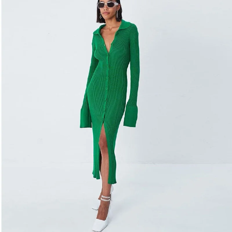 Women's Sweaterdress with Layered Skirt -Minimalist Button Front Long Sleeve Collared Bodycon Green Midi Rib Knit Dress Women's Sweaterdress with Layered Skirt -Minimalist Button Front Long Sleeve Collared Bodycon Green Midi Rib Knit Dress