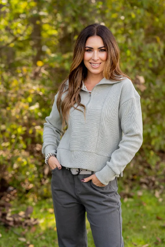 Women's Sweatshirts with Elastic Waistband -Mixed Ribs Quarter Zip Pullover