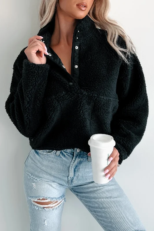 Women's Stylish Wool Pullover Sweater-My Cozy Life Sherpa Teddy Pullover (Black)