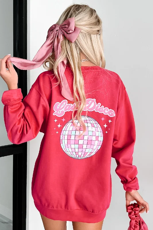 Women's Sweatshirts with Fun Color Combinations -My "Last Disco" Double-Sided Graphic Crewneck (Hot Pink) - Print On Demand