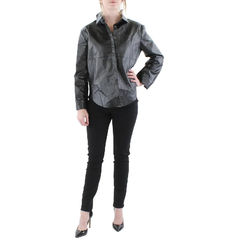 Women's Beach Blouses -N by Nancy Womens Faux Leather Collared Button-Down Top