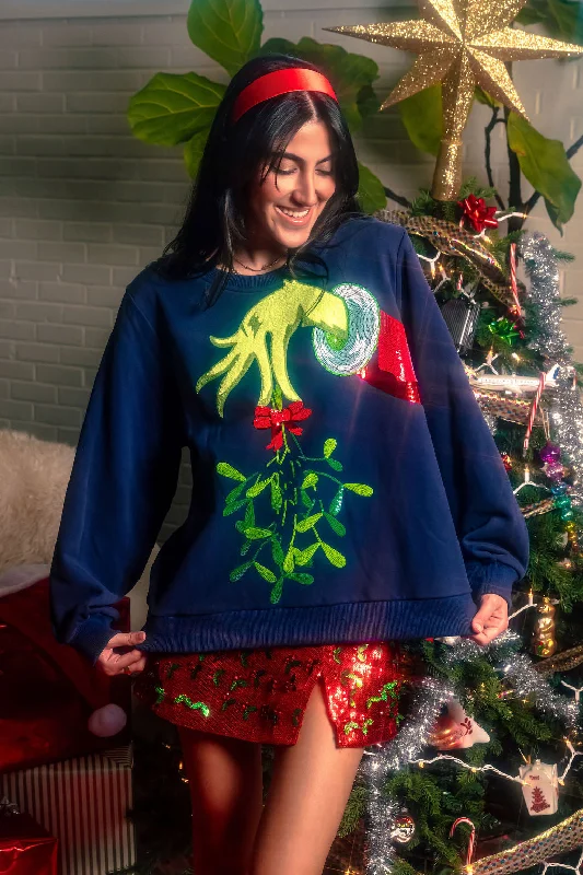 Women's Sweatshirts with Cozy Comfort Fit -Navy Grinch Mistletoe Hand Sweatshirt