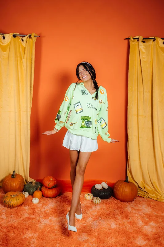 Women's Sweatshirts with Soft Outer Layer -Neon Green Baking Icon V Neck Sweatshirt