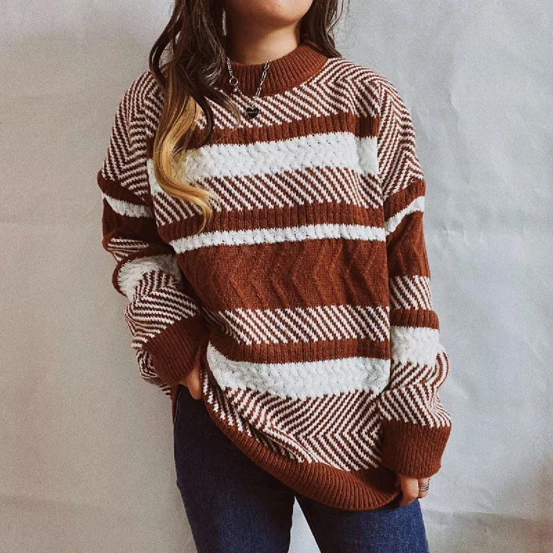 Women's Wool Knit Pullover Sweater with Long Sleeves-New Irregular Striped Color Stitching Thickened Round Neck Long Sleeve Knitted Sweater Pullover Women's Wool Knit Pullover Sweater with Long Sleeves-New Irregular Striped Color Stitching Thickened Round Neck Long Sleeve Knitted Sweater Pullover