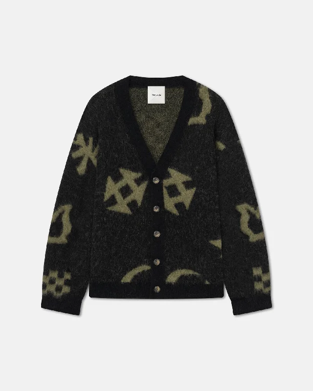 Women's Wool Knit Tops -Nessin - Brushed-Alpaca Cardigan - Black/Khaki Totem