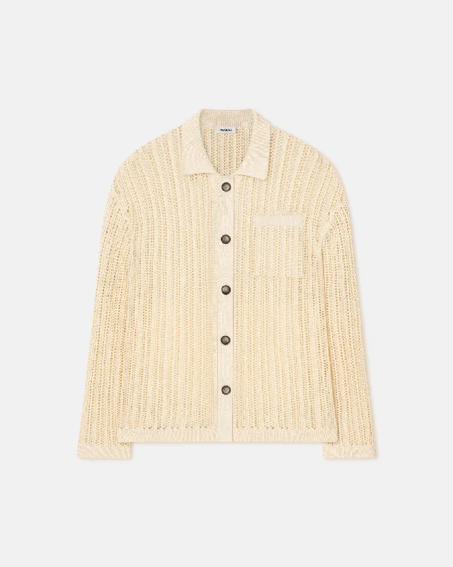 Women's Knit Tops for Fall -Jiske - Crochet Shirt - Creme