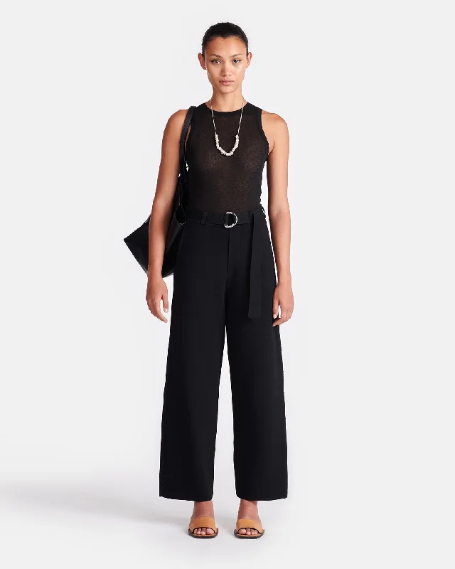 Knit Tops for Minimalistic Look-Bessie - Crochet-Trim Barrel-Leg Pants - Black