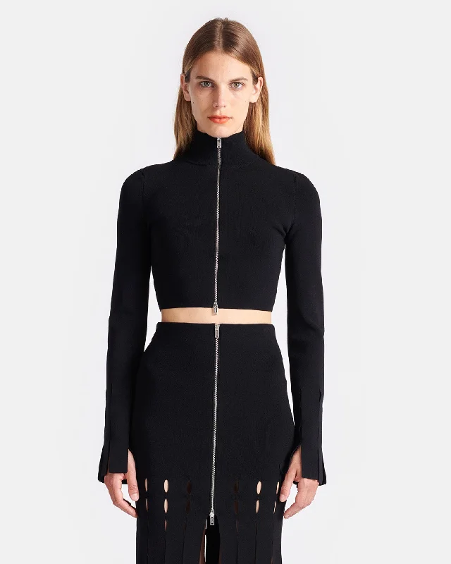 Women's Knit Sweater for Cold Weather -Izan - Fringed Zip-Up Cardigan - Black