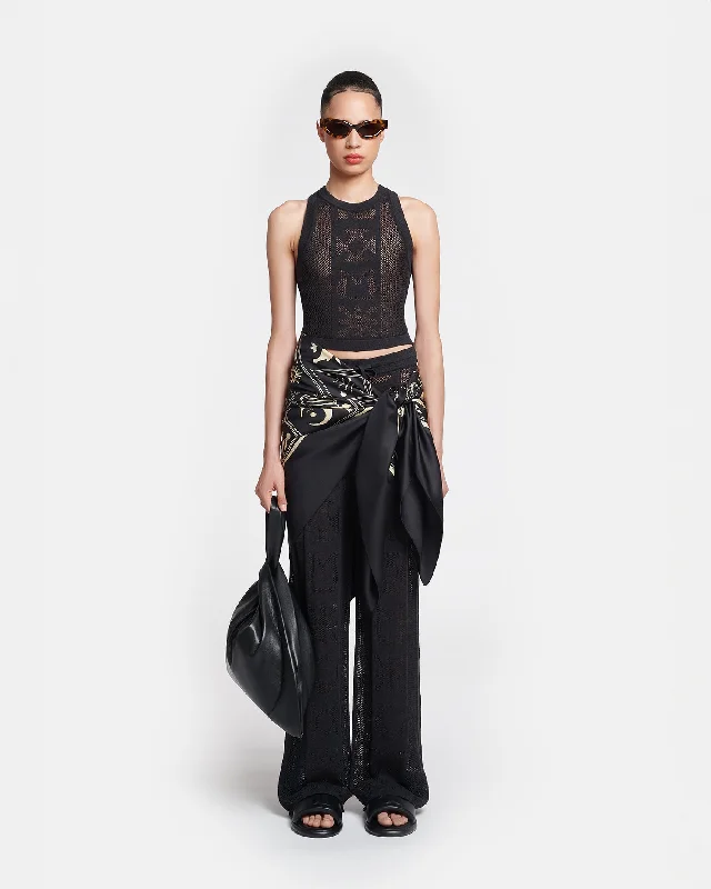 Stylish Knit Sweaters for Women -Wardon - Paper Crochet Cropped Wide-Leg Pants - Black