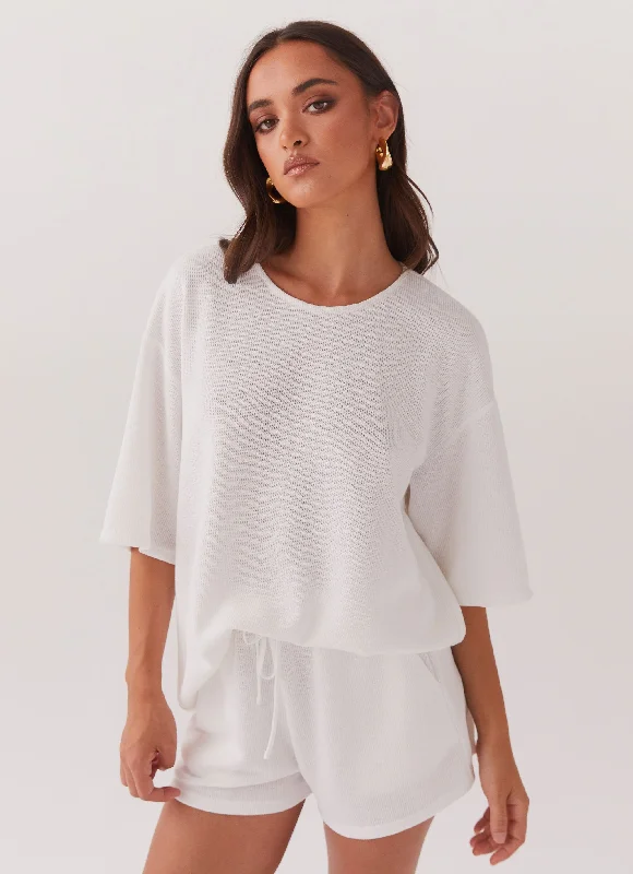 Women's Lightweight Cotton Casual T-shirt -Ocean Waves Oversized Knit Tee - White