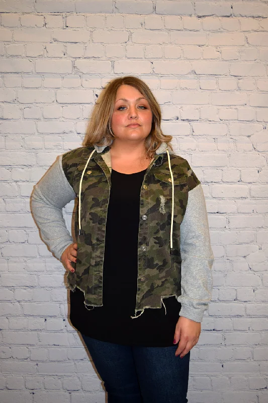 Women's Sweatshirts with Padded Shoulders -ODDI Distressed Snap Button-Down Jacket