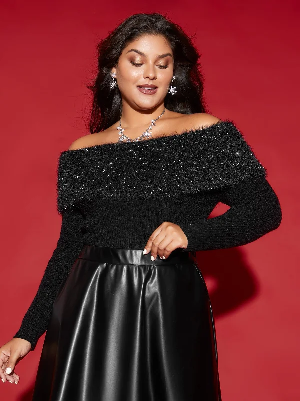 Women's Winter Knit Pullovers Sweater-Off-Shoulder Silver Threads Detailing Pullover Women's Winter Knit Pullovers Sweater-Off-Shoulder Silver Threads Detailing Pullover