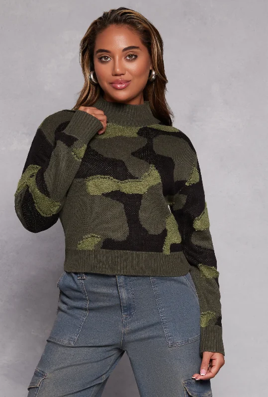Women's Lightweight Pullover Sweater for Office Wear-Camo Mock Neck Pullover Sweater