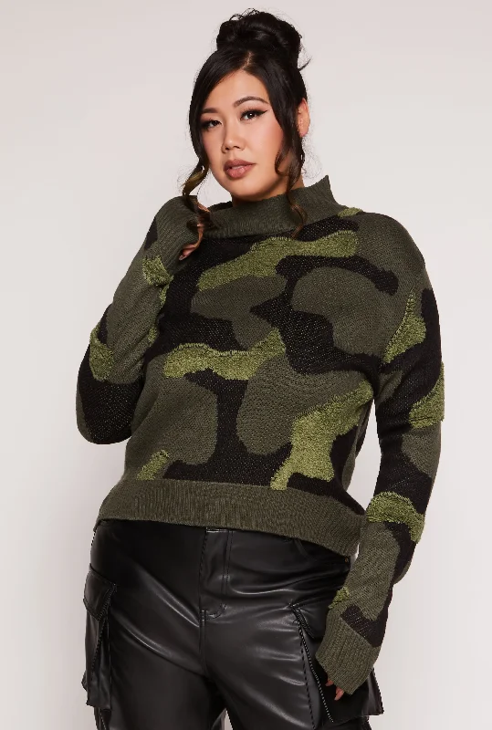 Women's Pullover Sweater with Cozy Ribbed Knit-Plus Size Camo Boucle Detail Pullover Sweater