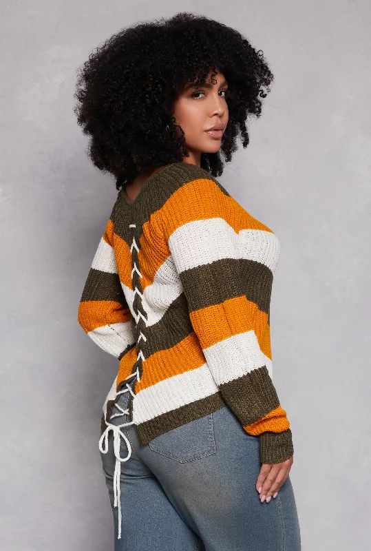 Women's Wool Knit Pullover Sweater for Cozy Days-Plus Size Chevron Lace Up Pullover Sweater