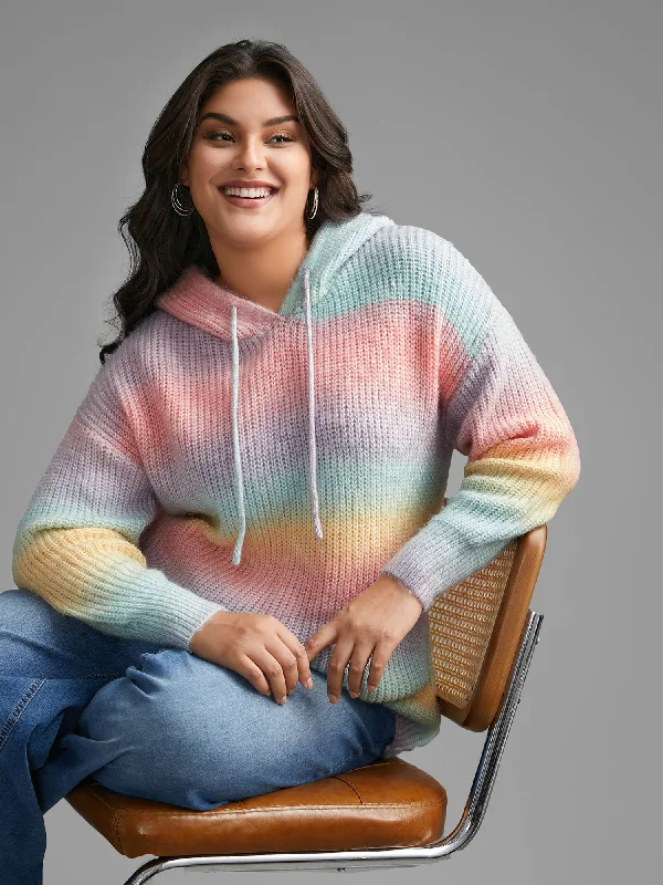 Women's Classic Crewneck Pullovers Sweater-Ombre Contrast Hooded Drop Shoulder Pullover