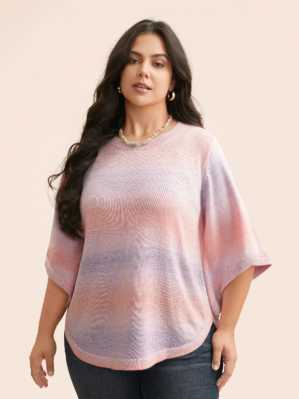 Women's Pullover Sweater with Decorative Knots-Ombre Round Neck Curved Hem Pullover