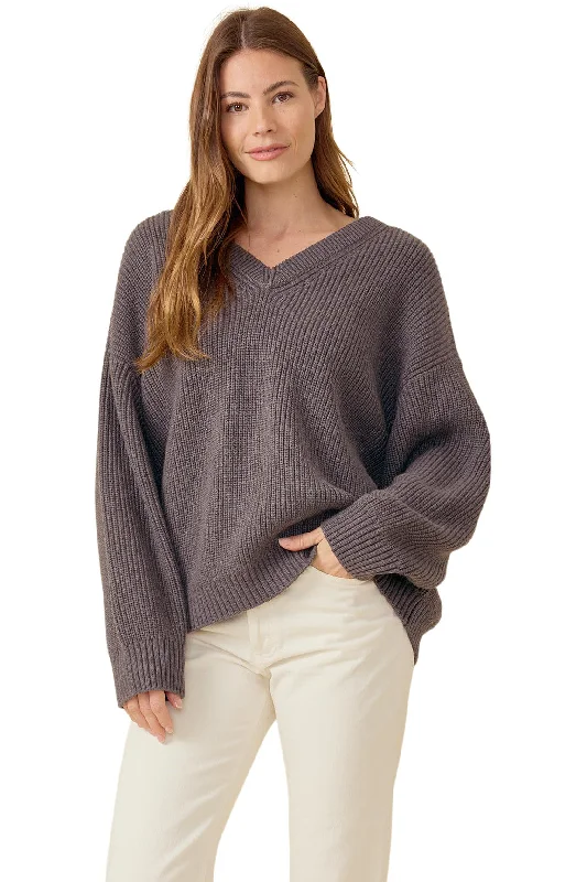 Women's Loose Fit Knit Pullover Sweater-One Grey Day Dublin Pullover in Charcoal