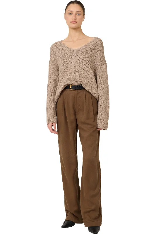 Women's Wool Knit Pullover Sweater with Puff Sleeves-One Grey Day Linnea V-neck Pullover in Stone Women's Wool Knit Pullover Sweater with Puff Sleeves-One Grey Day Linnea V-neck Pullover in Stone