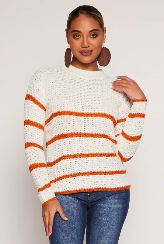 Women's Pullover Sweater for Outdoor Wear-Knit Striped Crew Neck Pullover Sweater