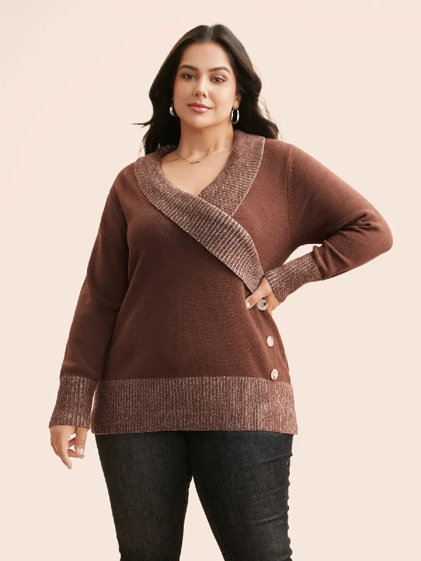 Women's Trendy Knit Pullover Sweater-Overlap Collar Contrast Button Detail Pullover