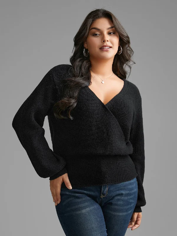 Women's Colorblock Pullovers Sweater-Overlap Collar Textured Lantern Sleeve Pullover Women's Colorblock Pullovers Sweater-Overlap Collar Textured Lantern Sleeve Pullover