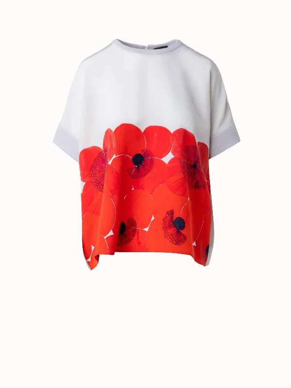 Women's Satin Shirts -Oversize Silk Knit Blouse with Poppy Print