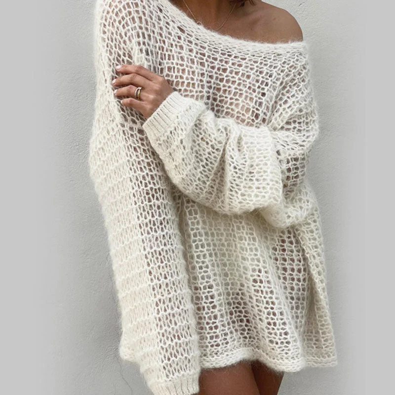 Women's Casual Knit Pullover Sweater with Split Sides-Oversized Boat Neck Drop Shoulder Crochet Open Knit Pullover Sweater