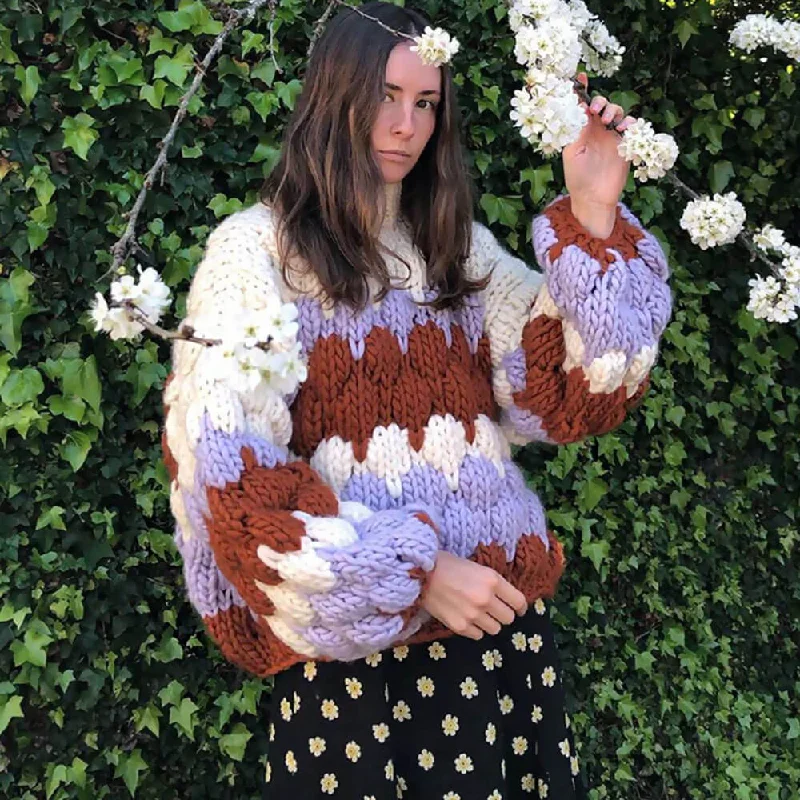 Women's Cozy Wool Knit Pullovers Sweater for Autumn-Oversized Chunky Knit Chevron Striped Puffy Sleeve Pullover Sweater