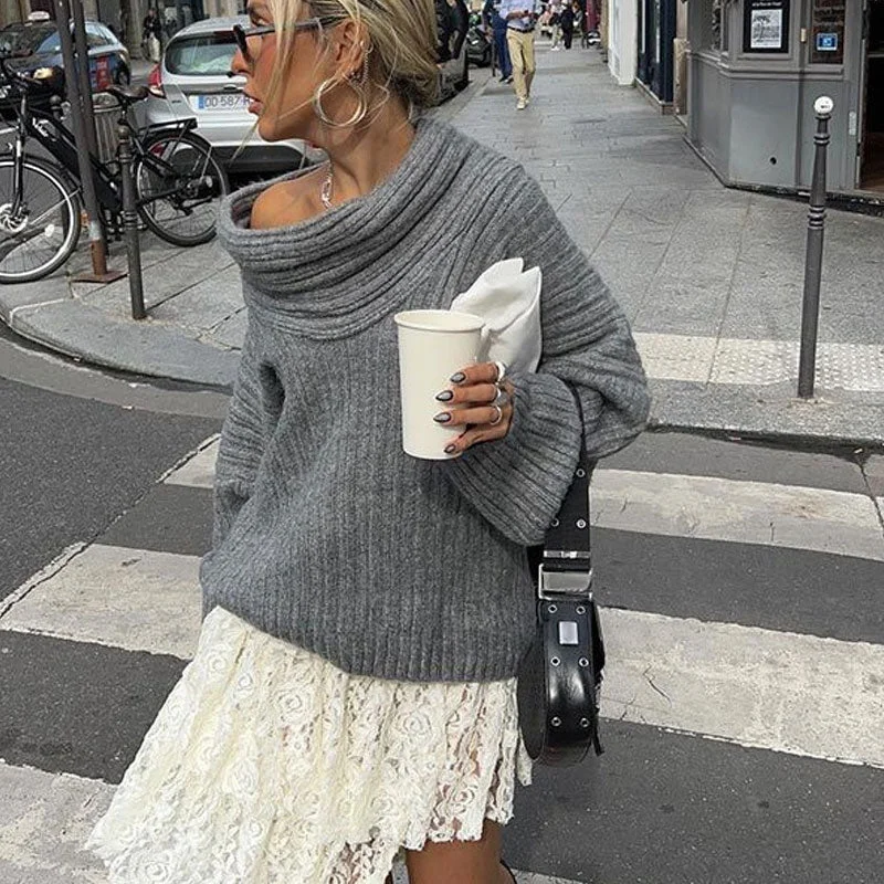 Women's Pullovers Sweater for Everyday Comfort-Oversized Funnel Neck Drop Shoulder Long Sleeve Chunky Knit Pullover Sweater