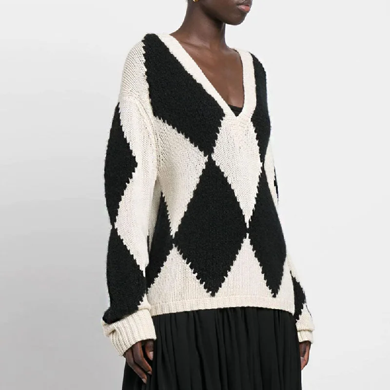 Women's Oversized Wool Knit Pullover Sweater for Winter-Oversized Black Harlequin Argyle V Neck Long Sleeve Pullover Sweater