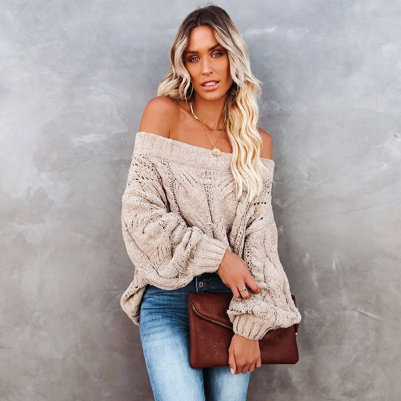 Women's Pullovers Sweater with Soft Wool Blend-Oversized Off The Shoulder Chunky Cable Knit Pullover Sweater