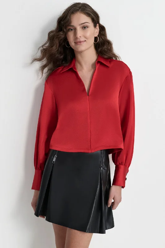 Women's Tied Shirt Tops -SPLIT NECK BLOUSE