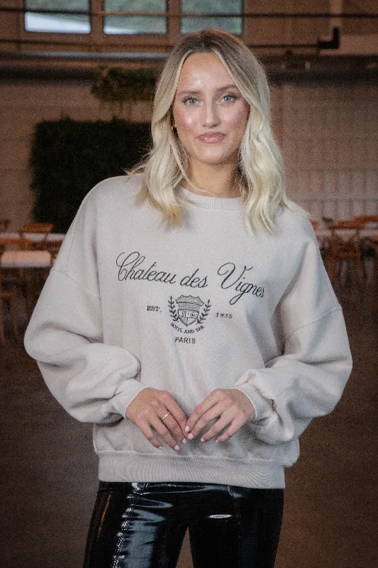 Women's Sweatshirts with Soft and Stretchy Feel -Paris Embroidered Crew Neck Sweatshirt, Khaki Women's Sweatshirts with Soft and Stretchy Feel -Paris Embroidered Crew Neck Sweatshirt, Khaki