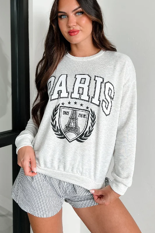 Women's Sweatshirts with Warm Fleece Interior -"Paris Since 259 BC" Varsity Graphic Crewneck (Heather Grey)
