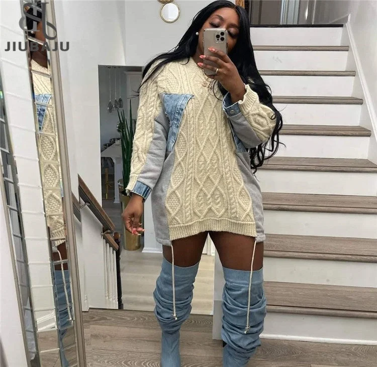 Women's Lightweight V-neck Knit Pullovers Sweater-Patchwork Denim Colorblock Sweater For Women Round Neck Long Sleeve Streetwear Casual Pullover Women's Lightweight V-neck Knit Pullovers Sweater-Patchwork Denim Colorblock Sweater For Women Round Neck Long Sleeve Streetwear Casual Pullover