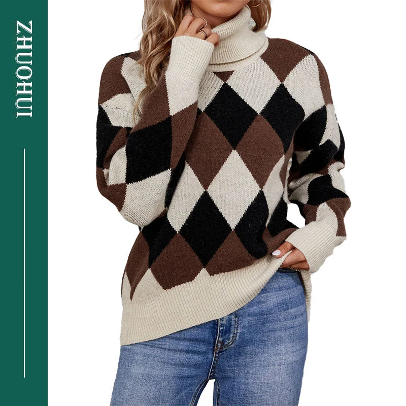 Women's Elegant V-neck Pullovers Sweater-Patchwork Women Pullover Sweater Autumn Loose Turtleneck Long Sleeve Knitted Thick Female Jumper Sweater Top