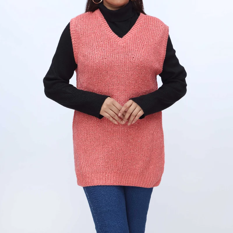 Women's Warm Knit Wool Pullovers Sweater-Peach V Neck Sleeveless Pullover Sweater PW3903 Women's Warm Knit Wool Pullovers Sweater-Peach V Neck Sleeveless Pullover Sweater PW3903