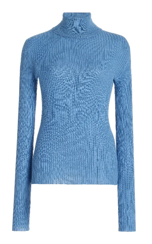 Women's Knit Sweater with Soft Texture -Peppe Knit Turtleneck in Light Blue Denim Cashmere Silk Women's Knit Sweater with Soft Texture -Peppe Knit Turtleneck in Light Blue Denim Cashmere Silk