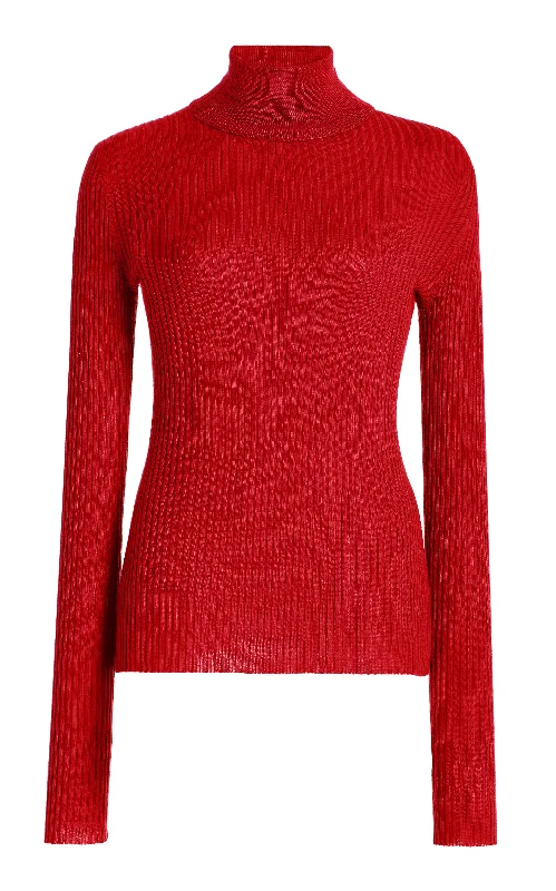 Knit Tops with Geometric Prints-Peppe Knit Turtleneck in Scarlet Red Cashmere Silk