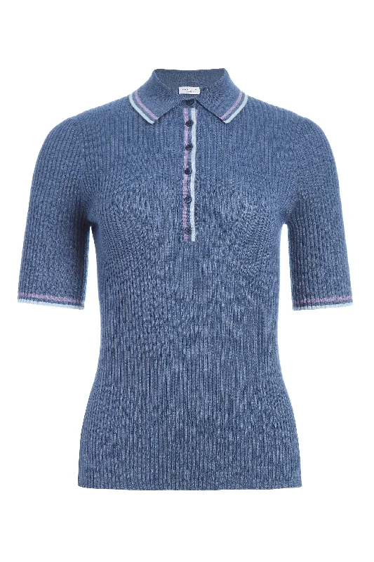 Women's Knit Sweater for Travel -Perro Knit Polo in Denim Blue Cashmere Silk